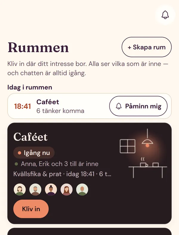 Rummen i Minglemingle: Caféet är igång och fler rum väntar.